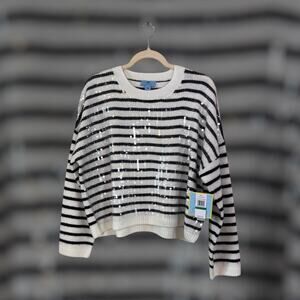 NWT CeCe Striped Sequin Drop Shoulder Statement Occasion Sweater Size L